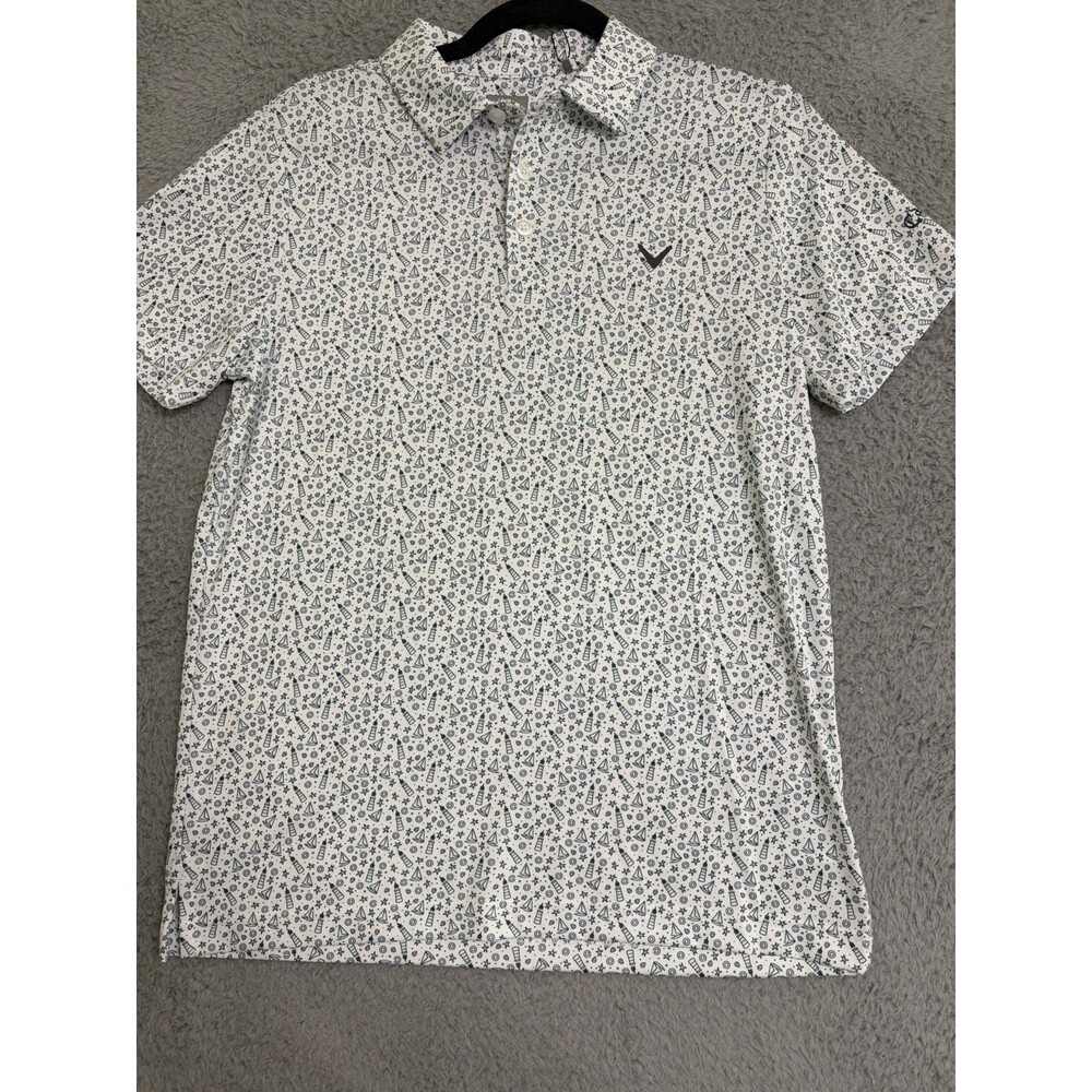 Callaway Boys Golf Polo Stretch Travel Shirt White Blue Green Nautical Sailboat